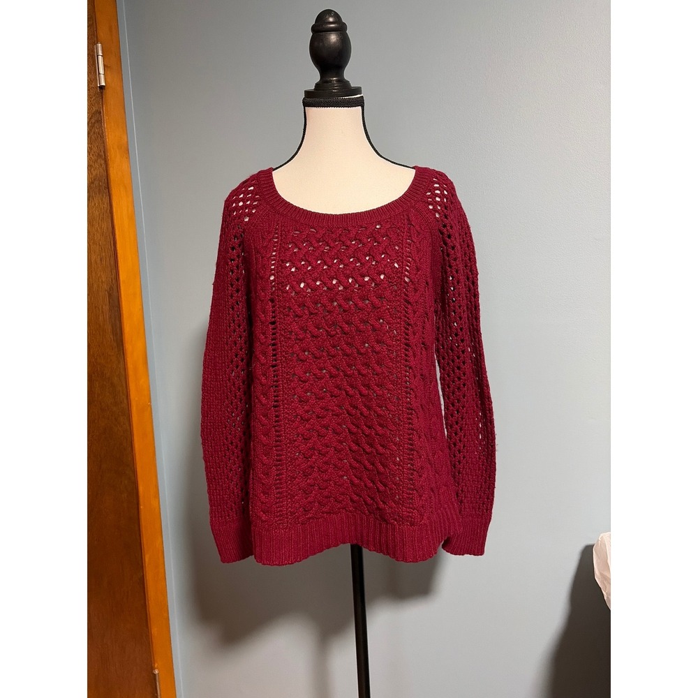American Eagle Outfitters Burgundy Cable Knit Open Weave Crochet Sweater Large